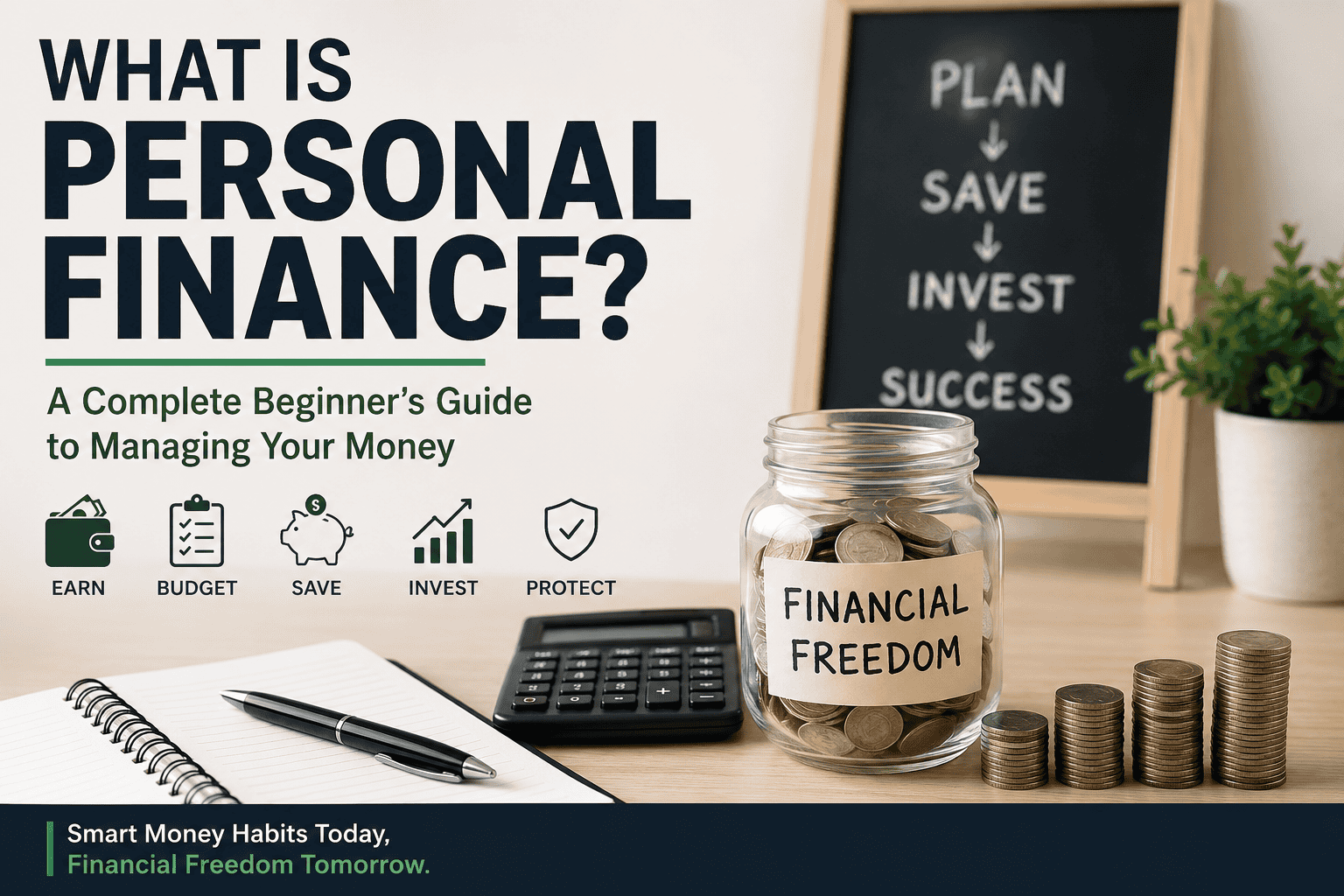 A calculator, notebook, growing stacks of coins, and a savings jar on a desk, representing budgeting, saving, investing, and personal financial growth.