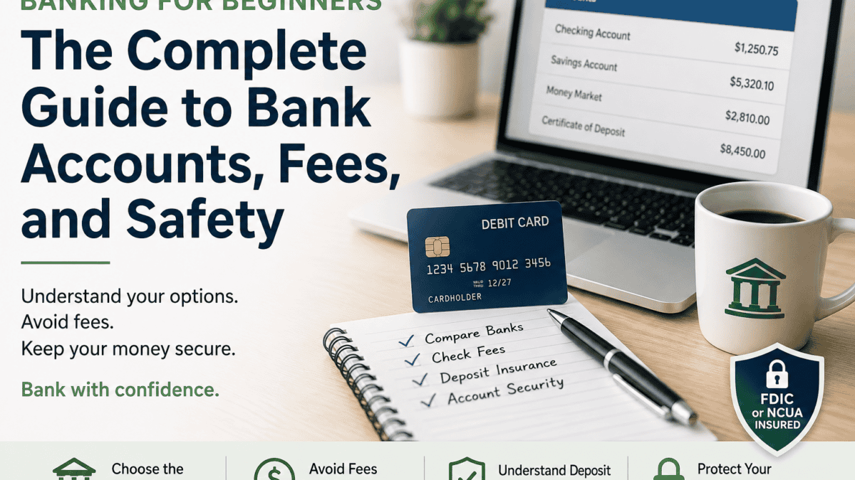 Banking for beginners guide showing bank accounts, debit card, deposit insurance, fees, and account security.
