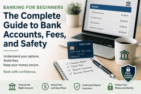 Banking for beginners guide showing bank accounts, debit card, deposit insurance, fees, and account security.