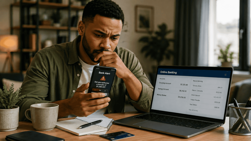 Bank customer reviewing a suspicious transaction alert on his smartphone while checking his online banking account.