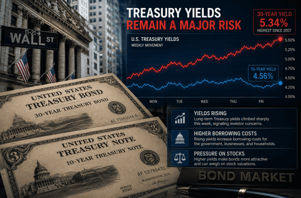 Rising US Treasury yields increase borrowing costs and pressure stock market valuations.