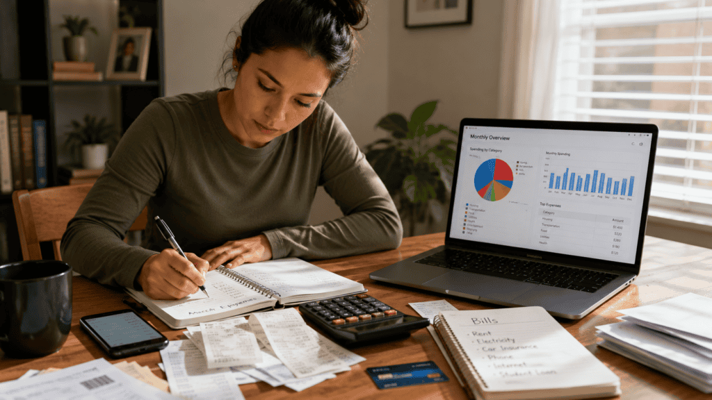 Budgeting for beginners, a woman reviewing monthly expenses, and tracking household spending.