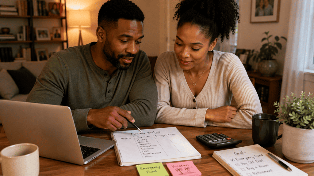 Couple reviewing shared expenses, savings goals, and monthly finances while creating a household budget together.
