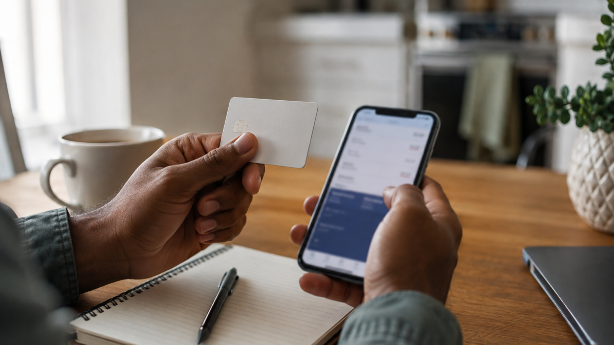 Person reviewing a credit card and banking app at a kitchen table