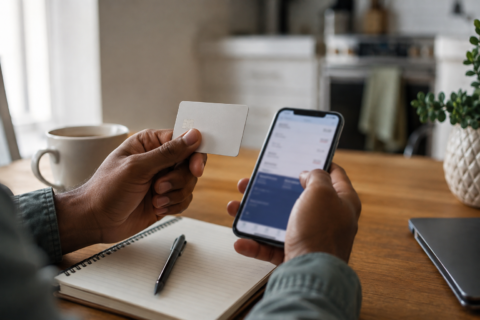 Person reviewing a credit card and banking app at a kitchen table