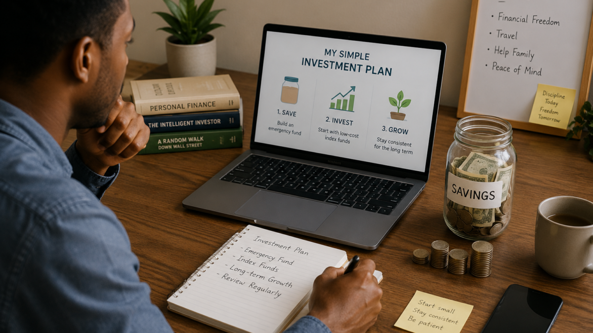 Investing With Little Money using a laptop, savings jar, notebook, and coins”