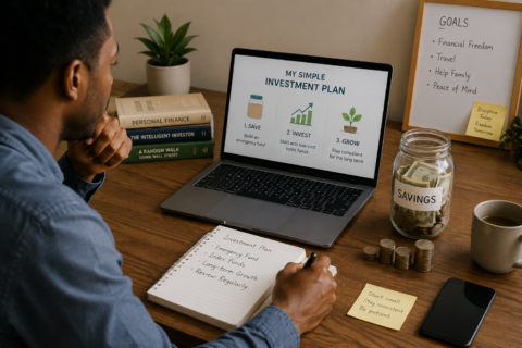 Investing With Little Money using a laptop, savings jar, notebook, and coins”