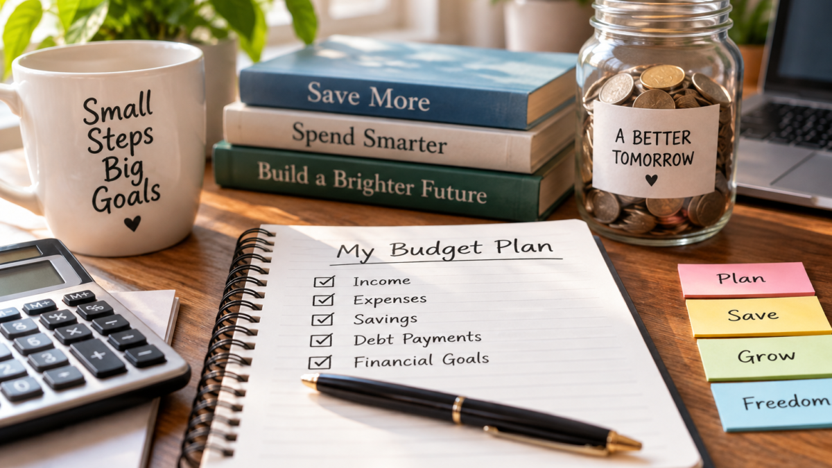 Budgeting for beginners with monthly budget plan, calculator, savings jar, and financial goals
