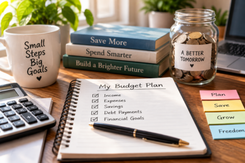 Budgeting for beginners with monthly budget plan, calculator, savings jar, and financial goals