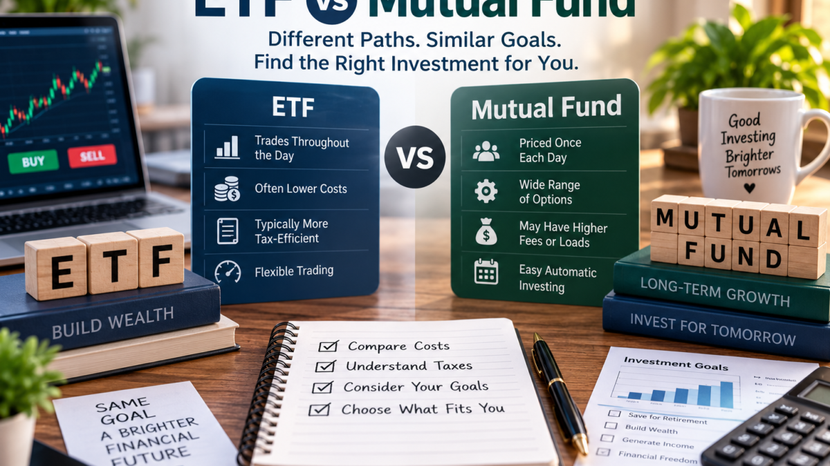 ETF vs mutual fund comparison showing fees, taxes, trading flexibility, and investment options