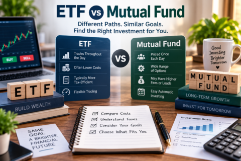 ETF vs mutual fund comparison showing fees, taxes, trading flexibility, and investment options
