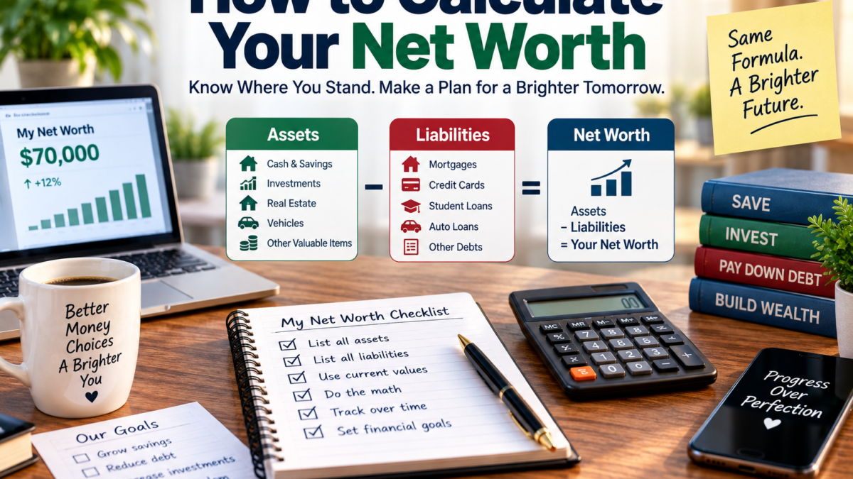 Calculate net worth using assets, liabilities, savings, investments, property, and debts