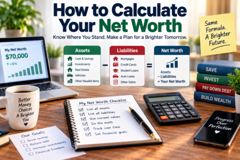 Calculate net worth using assets, liabilities, savings, investments, property, and debts