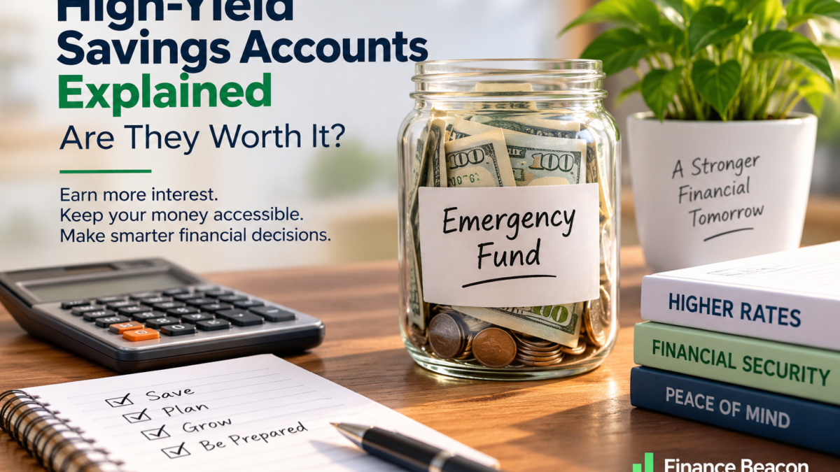 High yield savings account explained with an emergency fund jar, calculator, savings checklist, and higher interest rate concept.