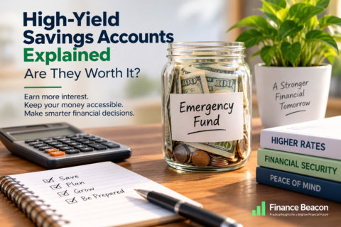 High yield savings account explained with an emergency fund jar, calculator, savings checklist, and higher interest rate concept.