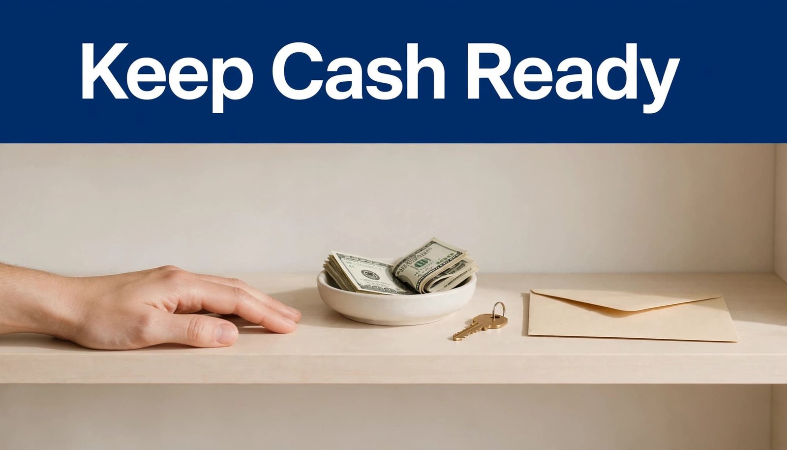 An open hand beside cash, a key, and an envelope beneath a blue headline.