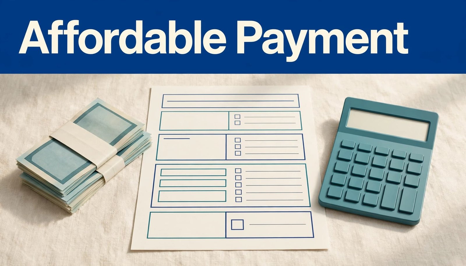 A loan worksheet, calculator, and household bills sit on a kitchen table.