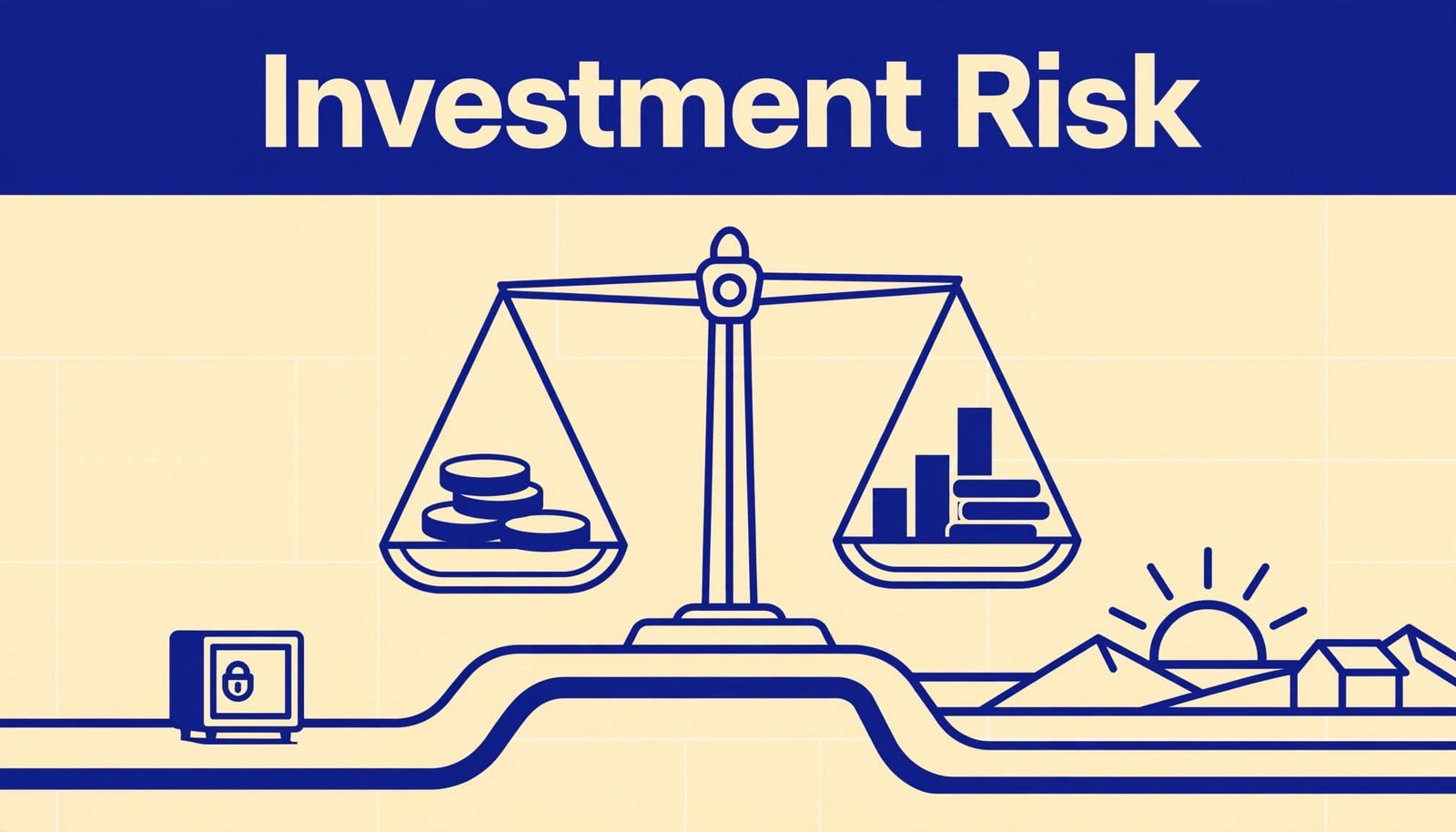 A balance scale shows stocks, bonds, and cash leading toward retirement.