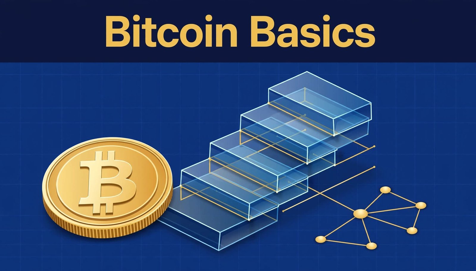 Gold Bitcoin coin beside a layered blockchain structure and connected nodes on a blue background.