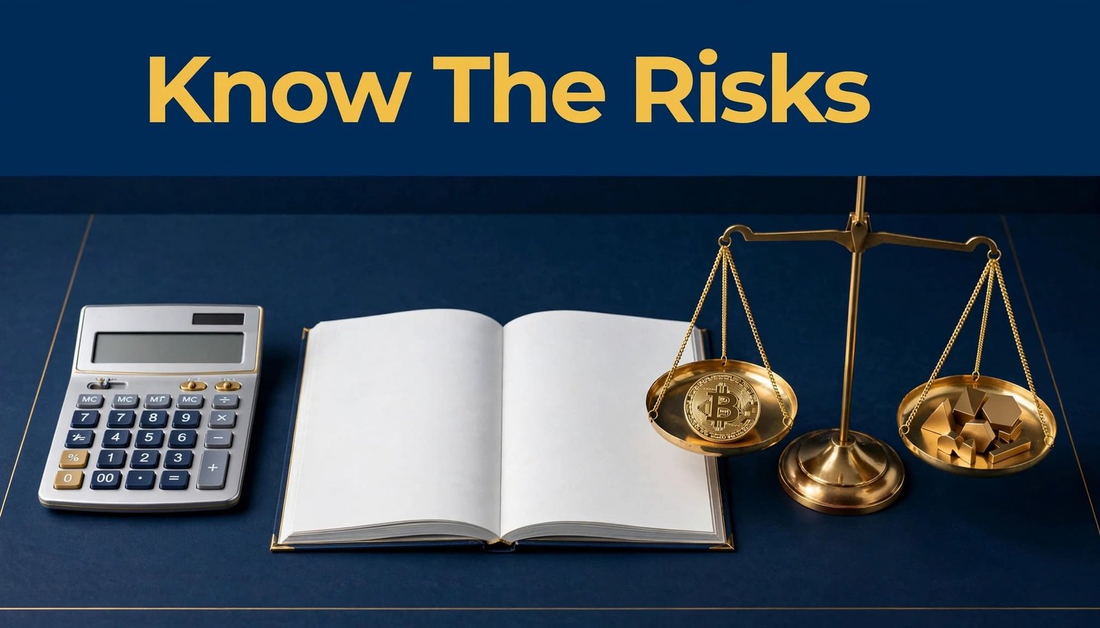 Calculator, blank ledger, and Bitcoin coin balanced on a scale against a deep-blue desk.