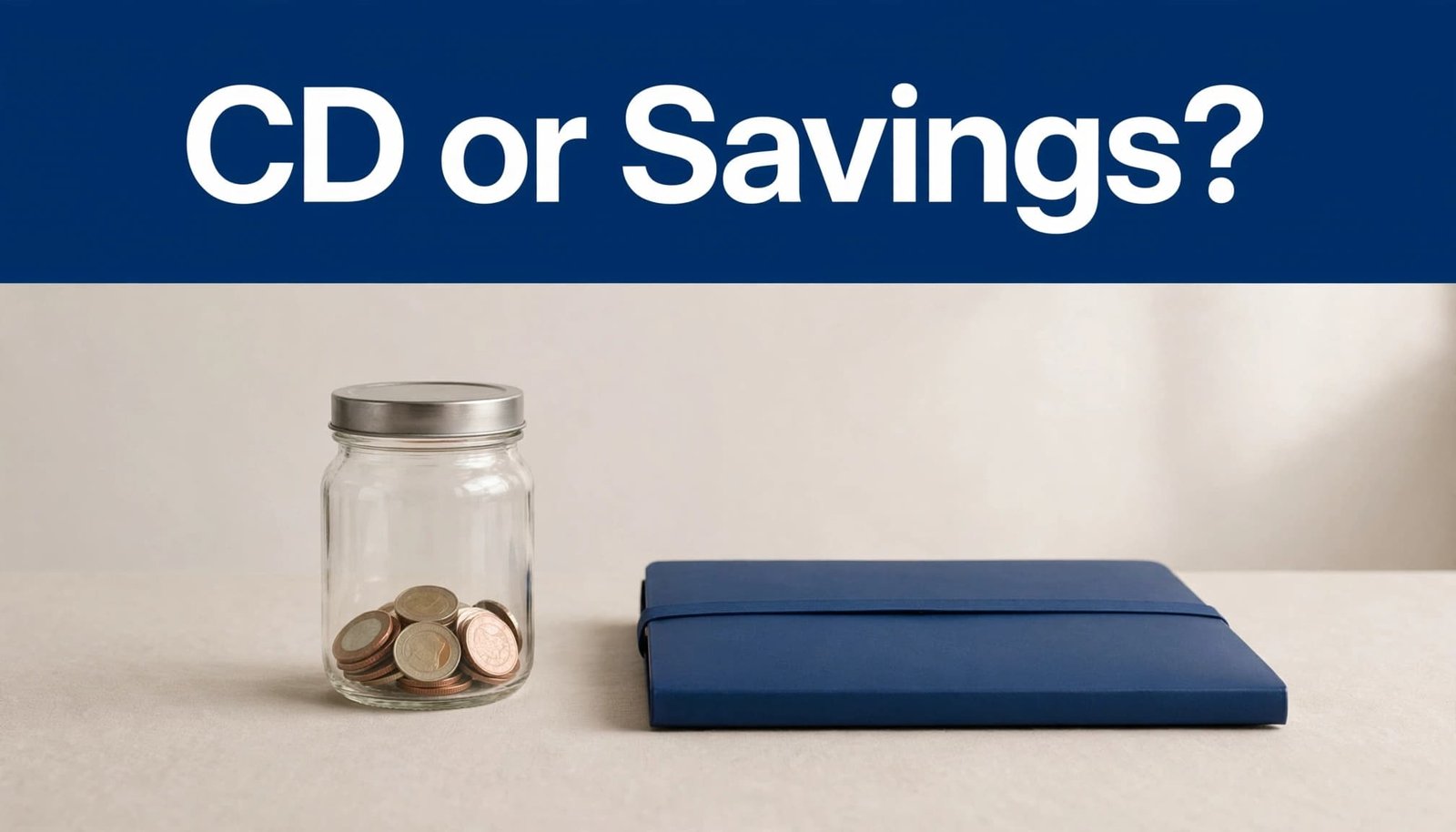 CD vs savings account: a savings jar beside a closed deposit folder.