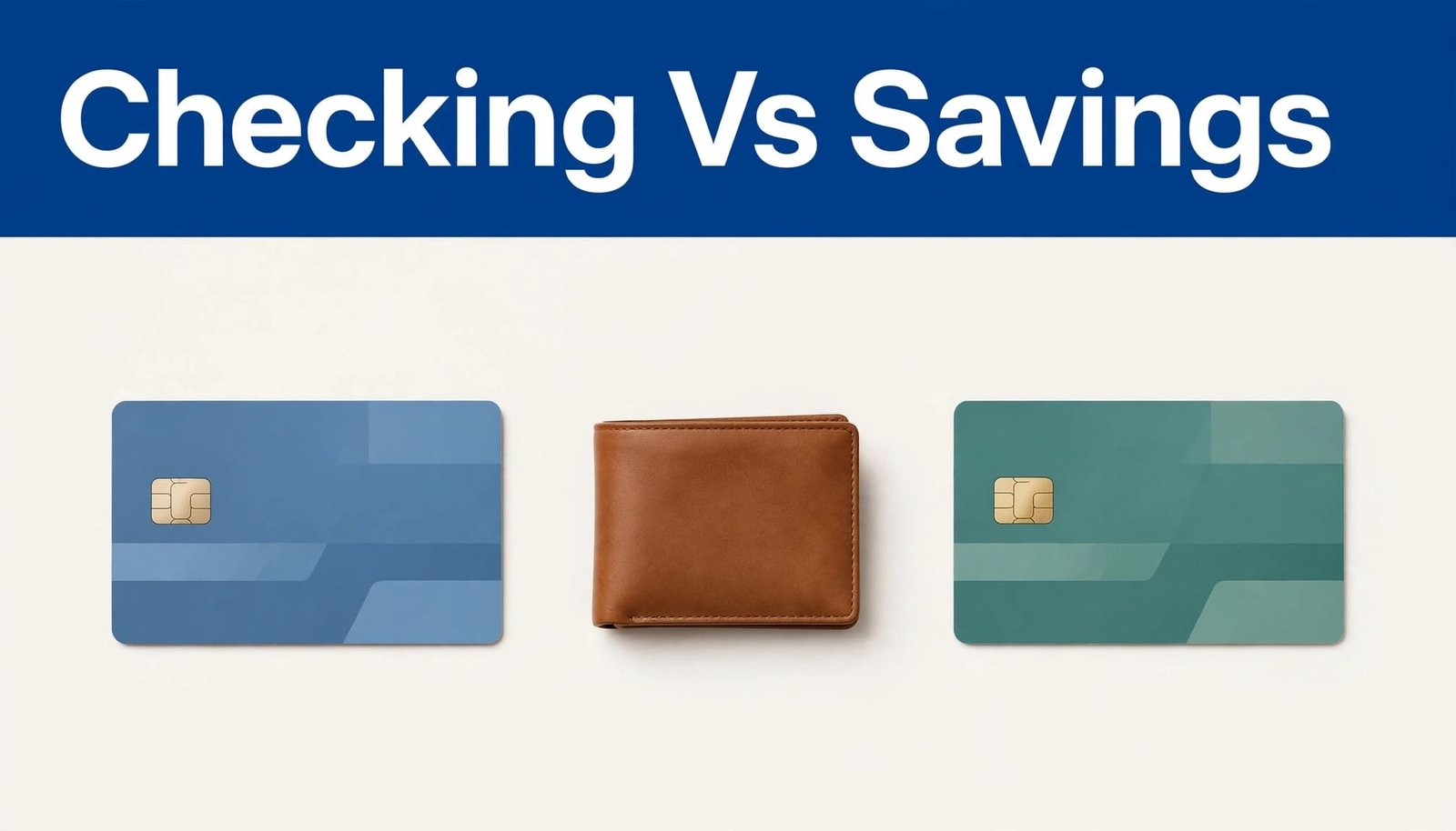 Two bank cards and a wallet arranged below a blue headline band.