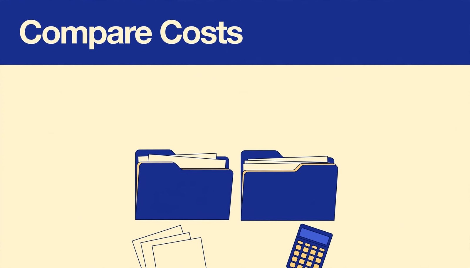 Two college aid folders and a calculator sit side by side beneath a blue headline band.