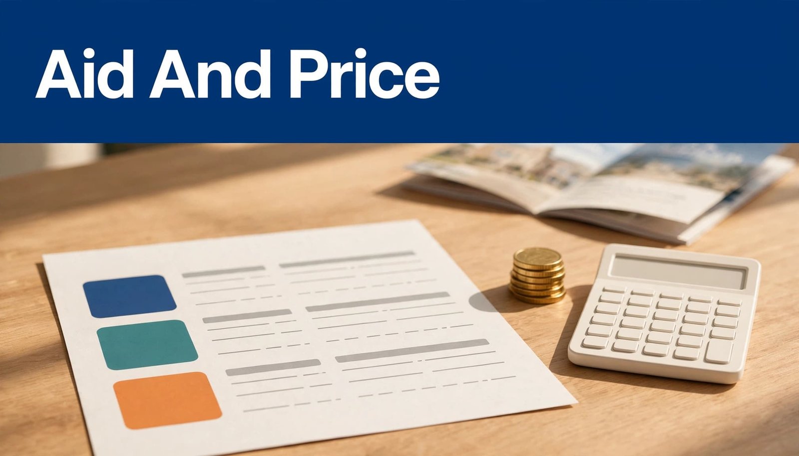 A budget worksheet, coins, and calculator sit on a sunlit table beneath a blue headline band.