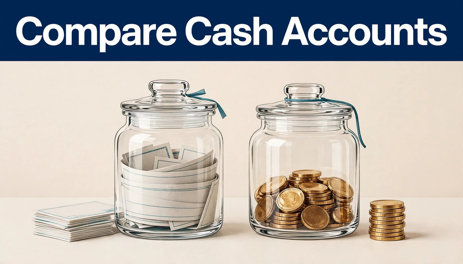 Two glass jars sit beside checks and coins beneath a blue headline band.