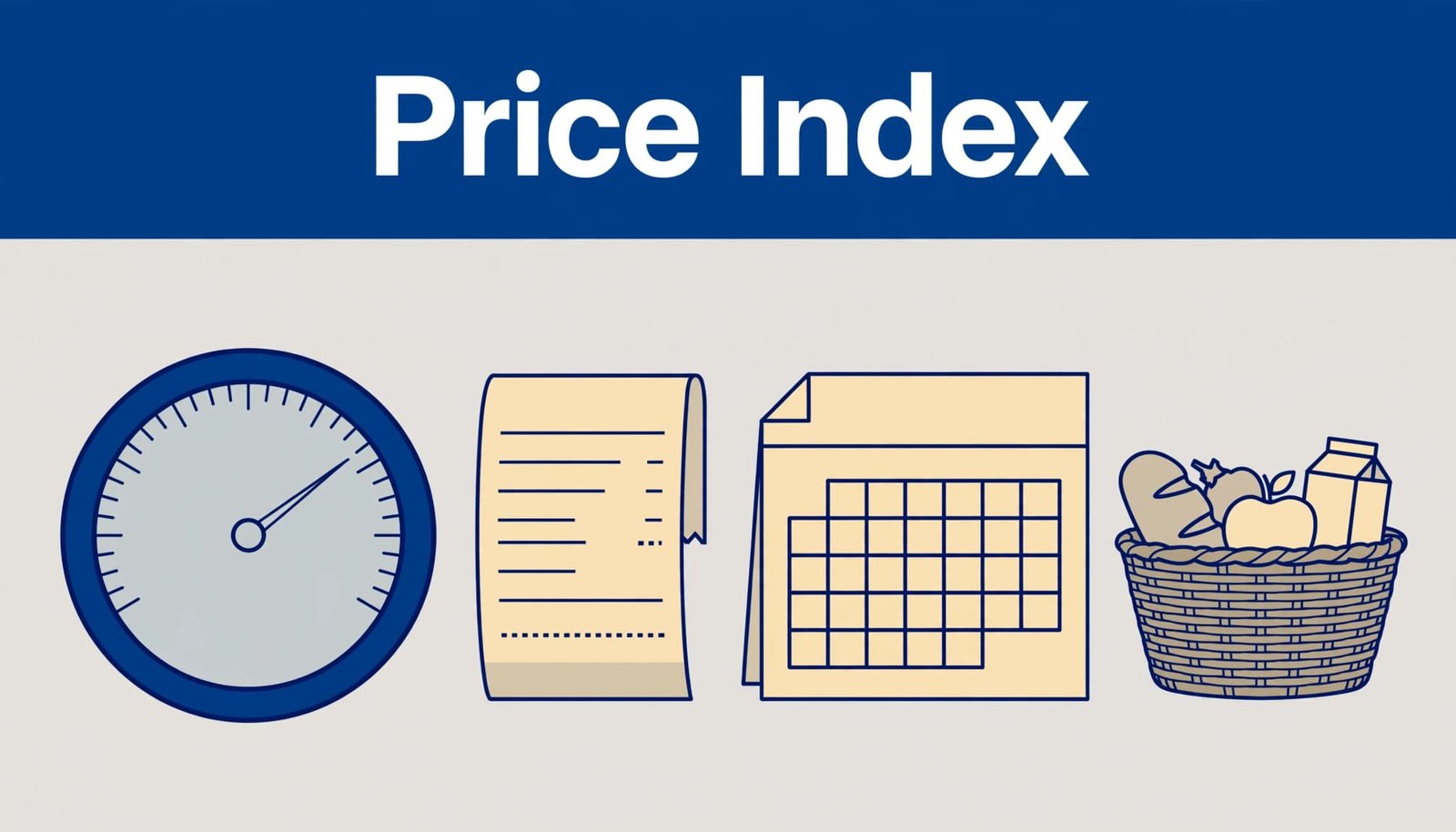 A price index dial beside a receipt, calendar, and household shopping basket.