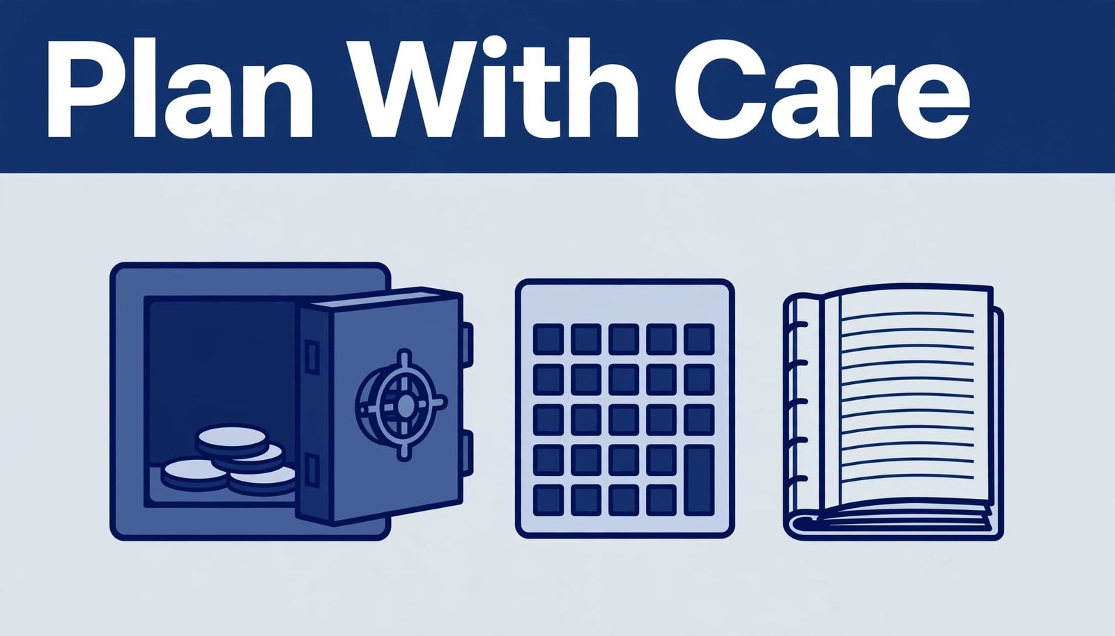Vault, coin tokens, calculator, and ledger arranged in a blue financial illustration.