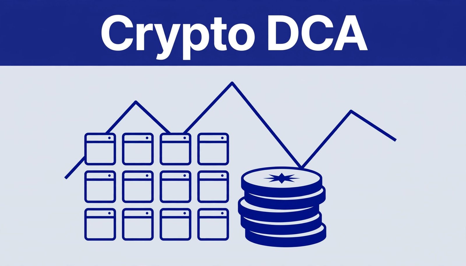 Stacked crypto coins and a monthly calendar sit beneath a rising and falling price line.