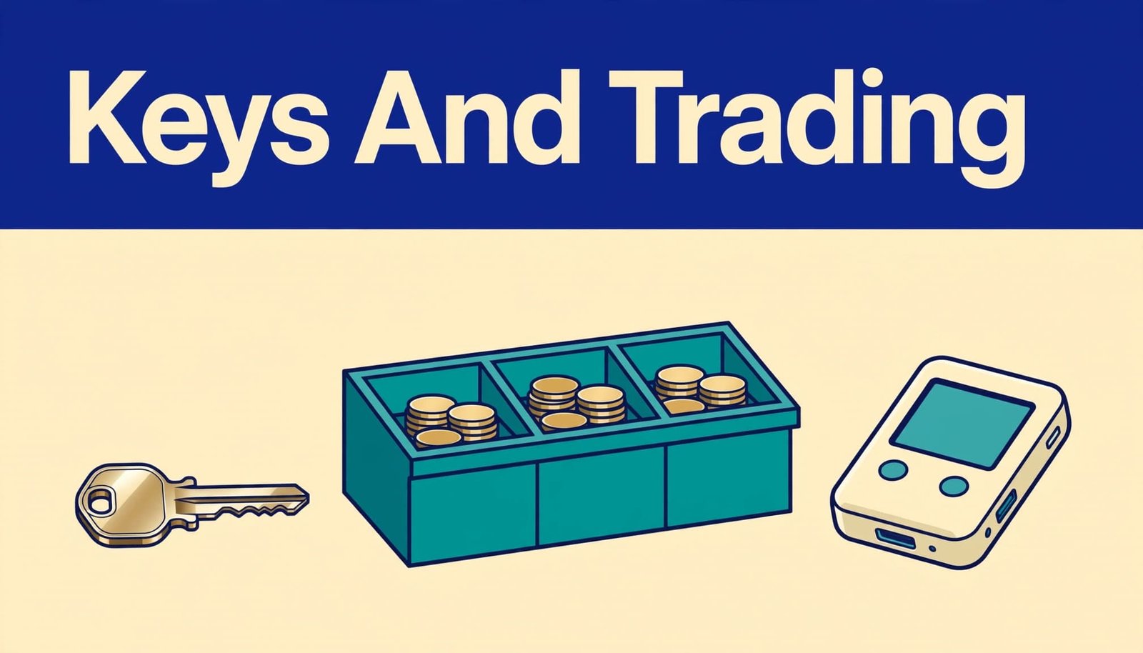 A metal key, coin trays, and a compact hardware wallet sit beneath a blue headline band.