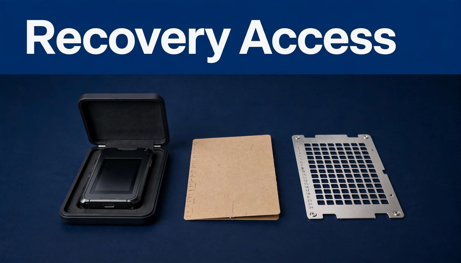 Open hardware wallet case beside a face-down recovery card and metal backup plate.