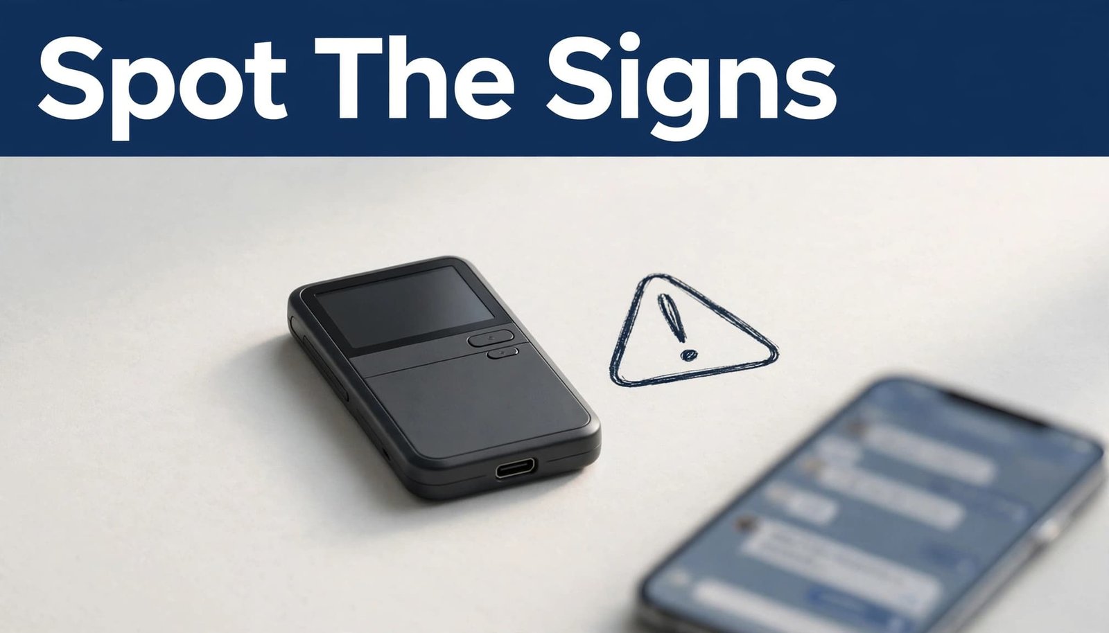A hardware wallet beside a caution note and a phone with a blurred message.