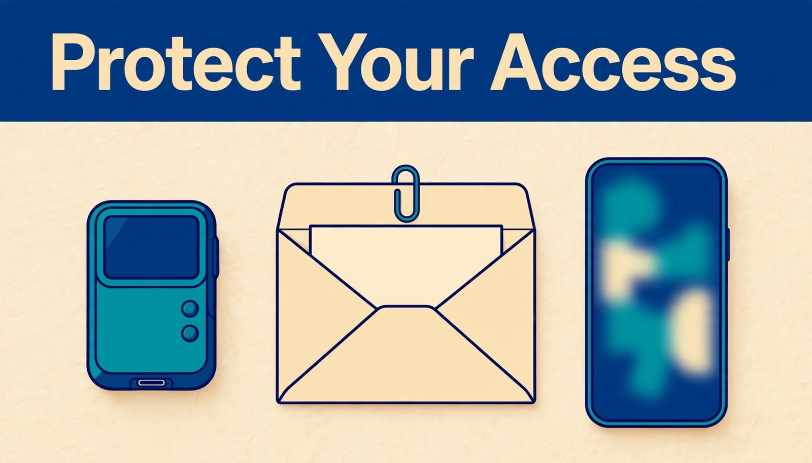 A hardware wallet, recovery envelope, and smartphone arranged beneath a blue headline band.