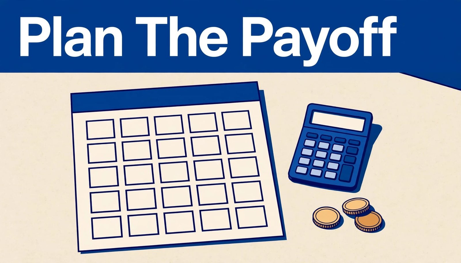 A blank repayment calendar, calculator, and coins sit beneath a blue headline band.