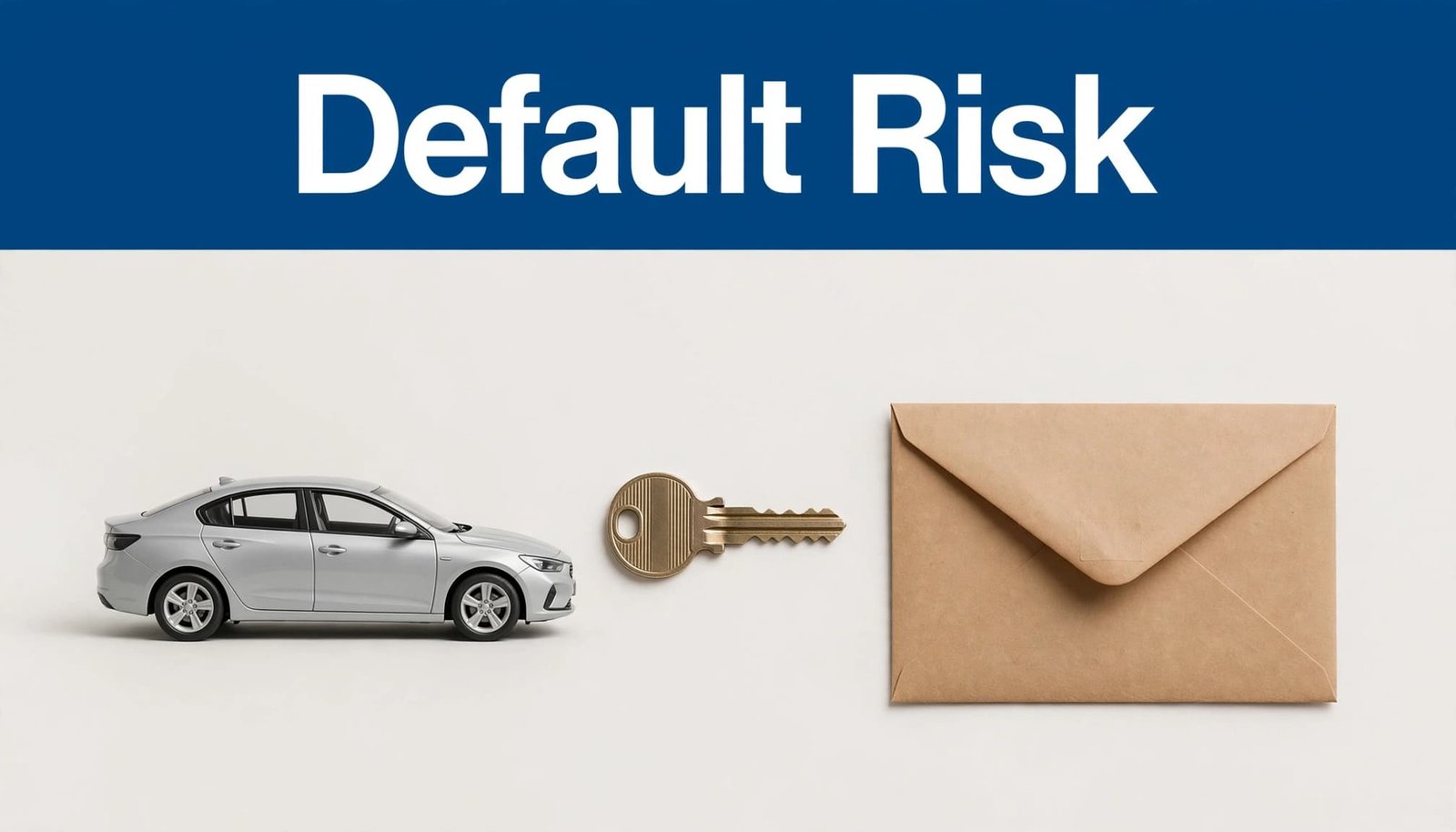 A parked car, house key, and sealed savings envelope beneath a blue Default Risk headline.