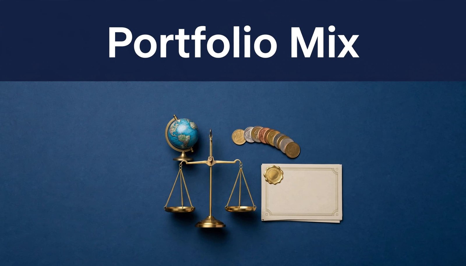 A globe, coins, bond certificate, and scale arranged beneath a Portfolio Mix headline.