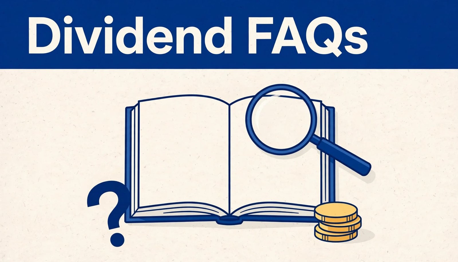 An open finance book with coins, a magnifying glass, and a question mark.