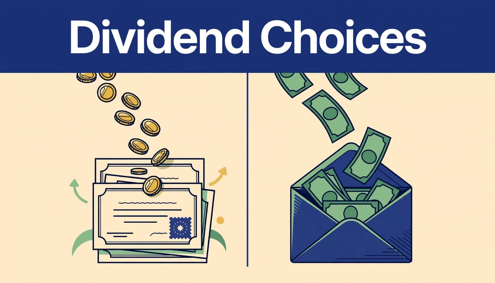 Split illustration showing dividend coins becoming shares and cash moving toward an envelope.
