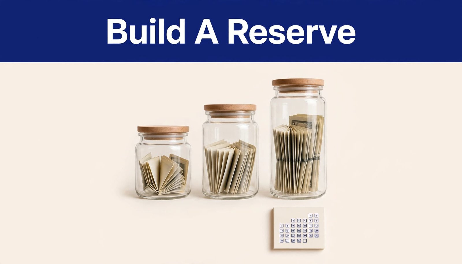 Three glass savings jars and a small calendar beneath a blue headline band.