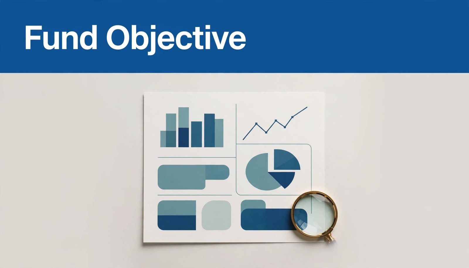 An ETF fact sheet with abstract charts and a magnifying glass beneath a blue headline band.