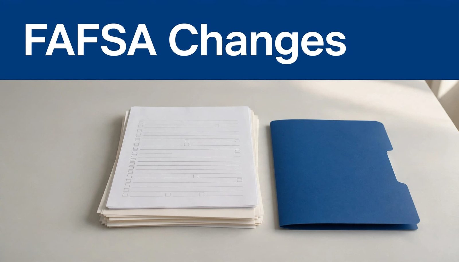 A financial aid form and college papers sit beside a blue folder under a 