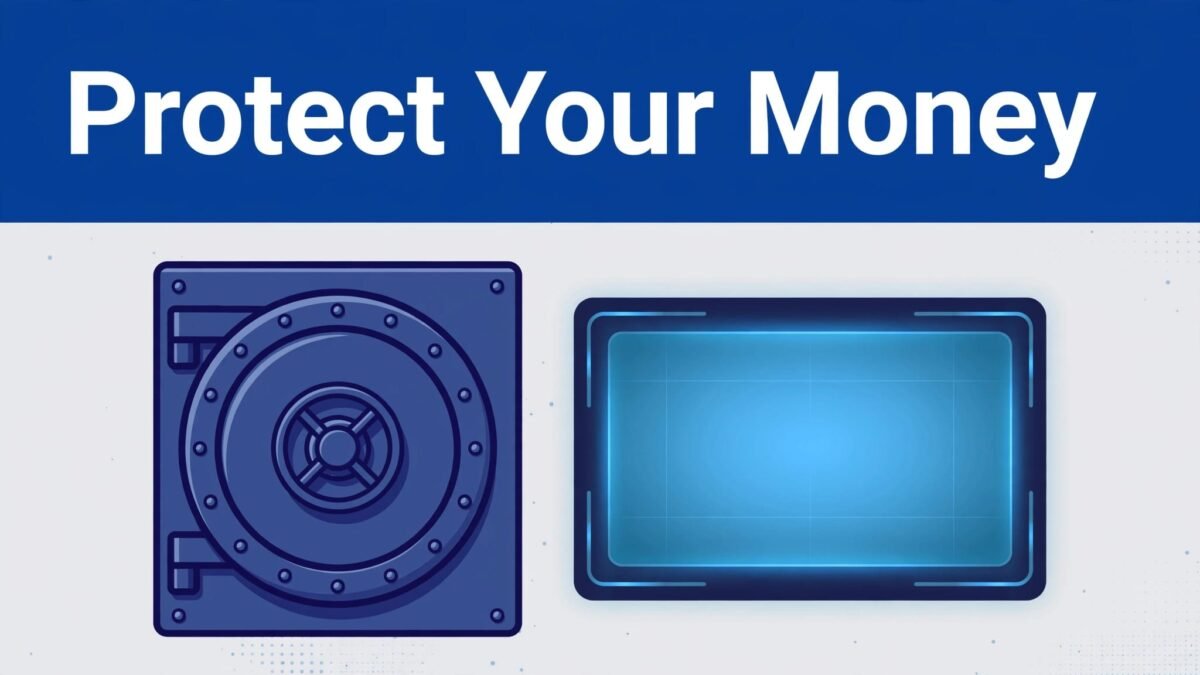 Blue banner above a bank vault and glowing account balance screen.