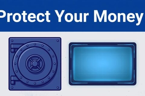 Blue banner above a bank vault and glowing account balance screen.