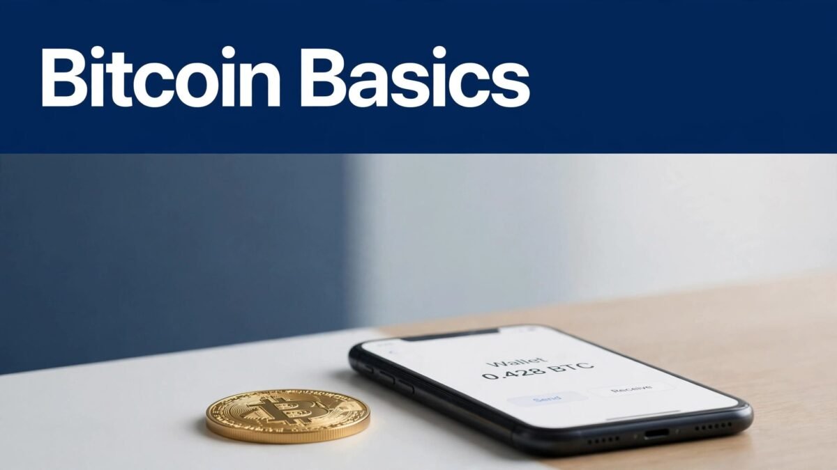 Gold Bitcoin coin beside a smartphone wallet app on a modern desk.