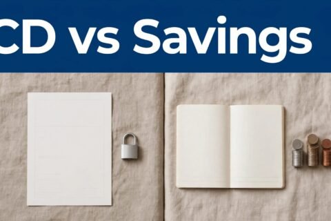 A CD document and lock sit beside a savings passbook and stacked coins.