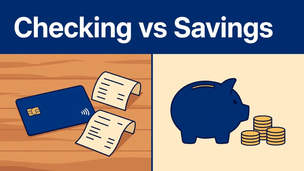 Split illustration showing a debit card and receipts beside a piggy bank and stacked coins.