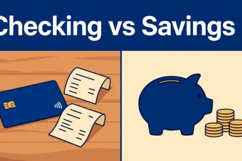Split illustration showing a debit card and receipts beside a piggy bank and stacked coins.